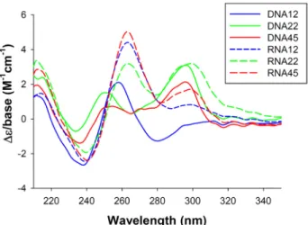 Figure 4: Circular dichroism spectra of all annealed sequences in 100 mM ammonium acetate