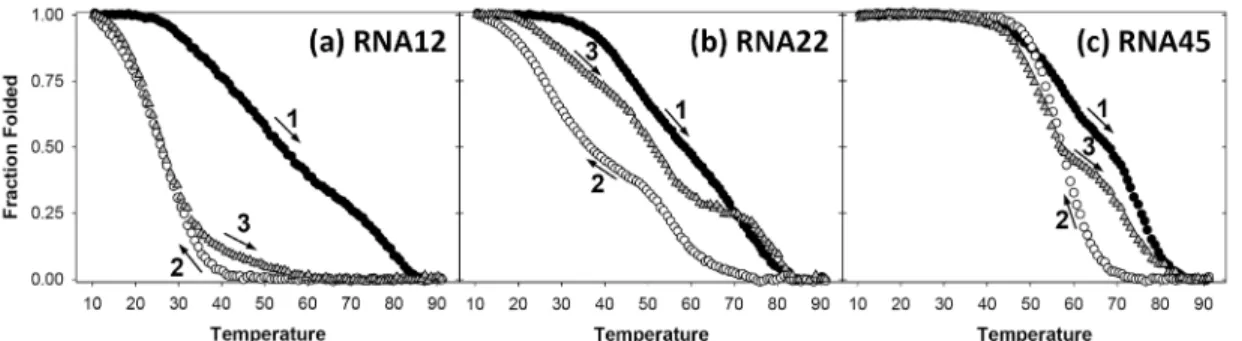Figure  6:  Thermal  denaturation  experiments  on  the  annealed  RNA  G-quadruplexes,  monitored  by UV absorbance at 295 nm