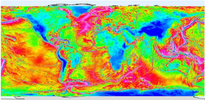 Figure 1-17. Carte de la gravité mondiale, anomalie de Bouguer à terre, anomalie à l'air libre en mer, mGal,  d’après Sandwell (2014)