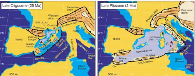 Figure 2-3. Reconstruction paléogéographique de la Méditerranée Occidentale depuis l’Oligocène jusqu’au  Pliocène (Rosenbaum et al., 2002)