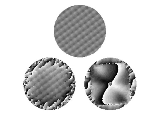 Fig. 3.3 – Phase d’un objet test reconstruite par la m´ethode de Knox-Thompson : phase de l’objet original (en haut), phase obtenue par la m´ethode de Knox-Thompson classique sans trou du comptage de photon (en bas, `a gauche) et phase obtenue par la m´eth