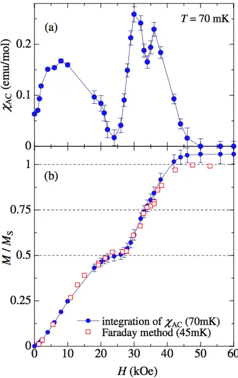 Figure I.9 – (a) Susceptibilité magnétique mesurée à T = 70mK en fonction du champ magnétique dans le composé m-MPYNN.BF 4 de spin 1