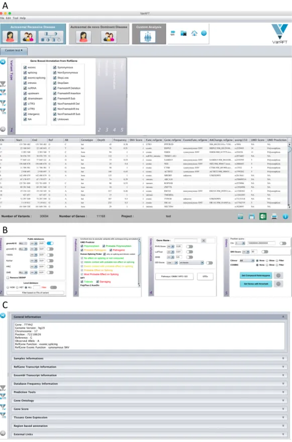 Figure 1. Analysis and Filtration module. (A) Top: main screen for filtration and analysis of variants