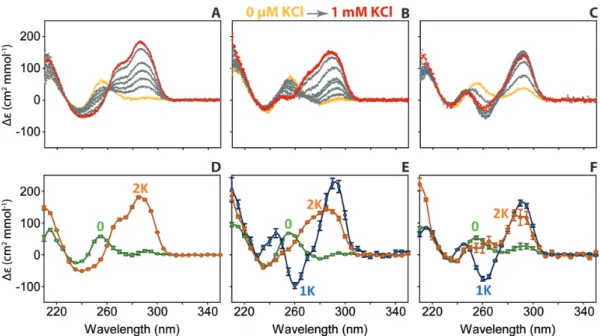 Figure 3. Circular dichroism titrations (20 ◦ C) of 10 ␮ M (A) 24TTG, (B) 23TAG and (C) 22GT in 100 mM TMAA with increasing amount of KCl (0 in yellow, 25, 50, 75, 100, 200, 500 in gray and 1000 ␮ M KCl in red)