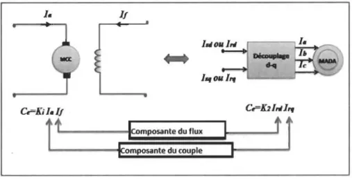 Figure 4.1  Analogie entre la commande vectorielle d'une MADA et la commande d'une 