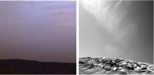 Figure I.8 – Photographies de trainées nuageuses de nuit (gauche) par le lander de la mis- mis-sion Mars Pathfinder (MPF) et de jour (droite) par le rover Sojourner de cette même mismis-sion.