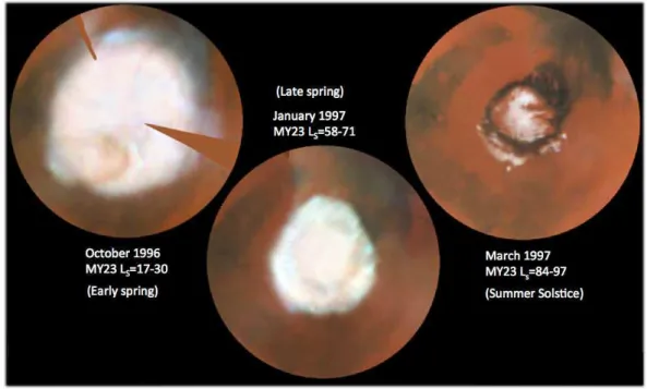 Figure I.12 – Evolution de la calotte polaire Nord vue par le télescope spatial Hubble, au début du printemps nord (gauche), en fin de printemps (milieu), et au solstice d’été (droite)