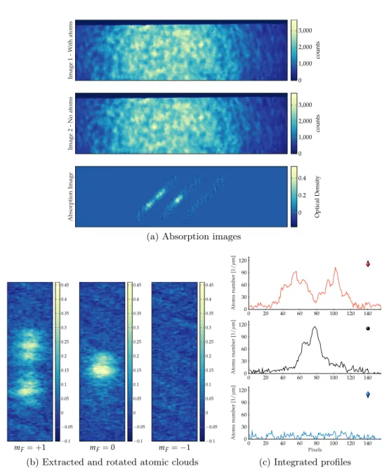 Figure 3.6.: Process to obtain the clouds density profiles. In (a) we see the sequence of images taken during the imaging phase to reconstruct the absorption imaging signal