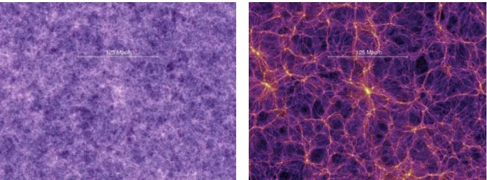 Figure 1.4 – Structuration de la matière noire dans l’Univers dans la simulation Mille- Mille-nium à z = 18 (gauche) et z = 0 (droite) (extrait de Springel et al