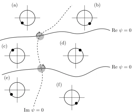 Figure 2.3: Pictorial representation of vortices. The thick lines represent those points where the real part of the wavefunction is equal to zero