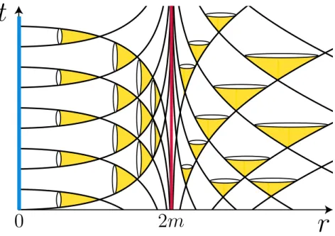 Figure 10: The black curves represent the null geodesics in the (r, t) -plane propagating in a Schwarzschild curved spacetime