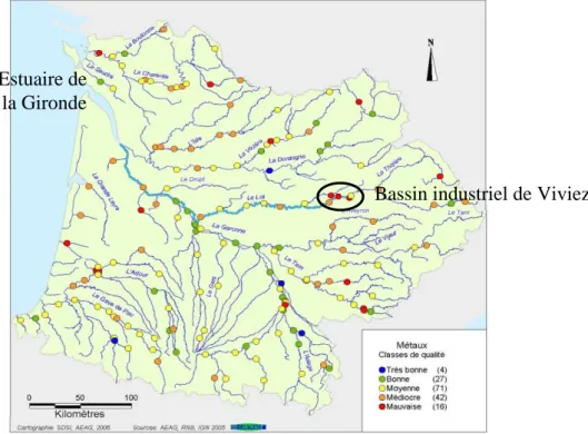 Figure 11 : Altération des eaux de surface du Bassin Adour Garonne par les métaux en  2005  (mesures  effectuées  d’après  des  prélèvements  d’eau,  de  sédiments  et  de  bryophytes)  (modifié d’après : http://adour-garonne.eaufrance.fr/)