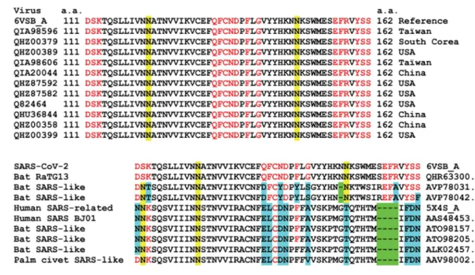 Figure 10. Amino acid sequence alignments of the ganglioside binding domain of the  SARS-CoV-2 S protein: 