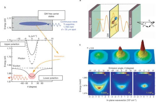 Figure 2.3: Some figures from the seminal work [24]: a) a schematic representation of the physical process leading to the creation of EP; b) (black solid lines) the dispersion relation of lower and upper polaritons, resulting from the coupling between (bla