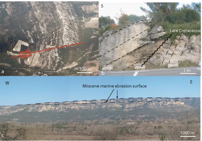 Figure 44 : a) Aerial view of one fault of the dextral strike-slip fault system which separates eastern and western Alpilles range
