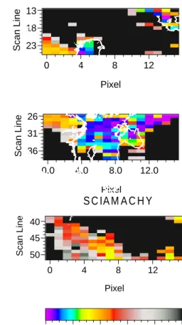 Fig. 7. The aerosol optical thickness for 0.443 µm channel, retrieved from MERIS (left) and SCIAMACHY (right)