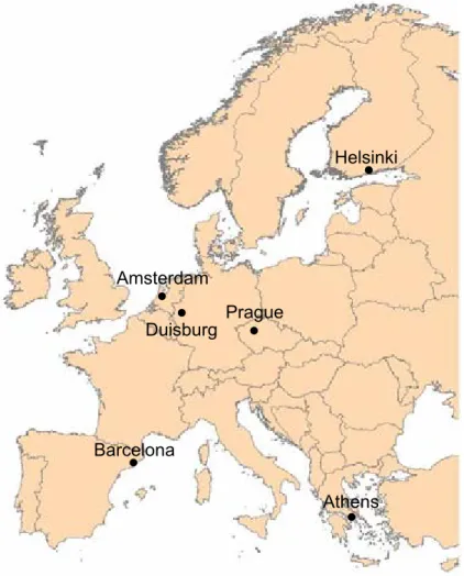Fig. 1. The locations of six sampling sites in Europe (Map © Genimap).