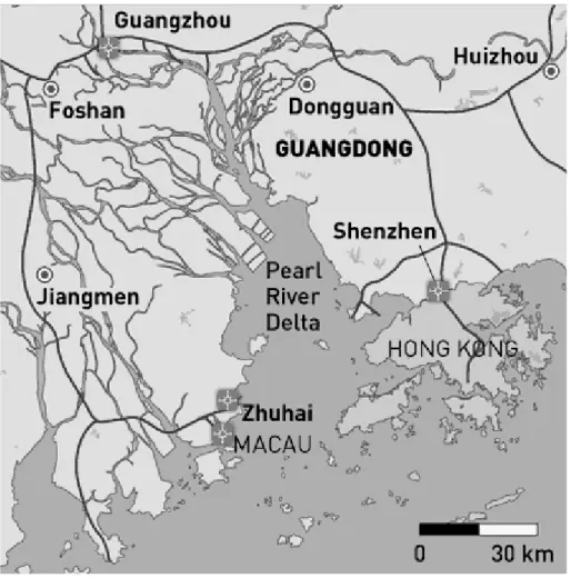 Fig. 1. Locations of the major PRD cities, samples were collected in Hong Kong, Guangzhou, Macau, and Zhuhai.