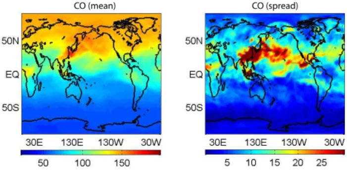 Fig. 3. Ensemble-mean (left panel) and ensemble-spread (right panel) of initial conditions of CAM3 CO in ppbv at 500 hPa for 1 April 2006.