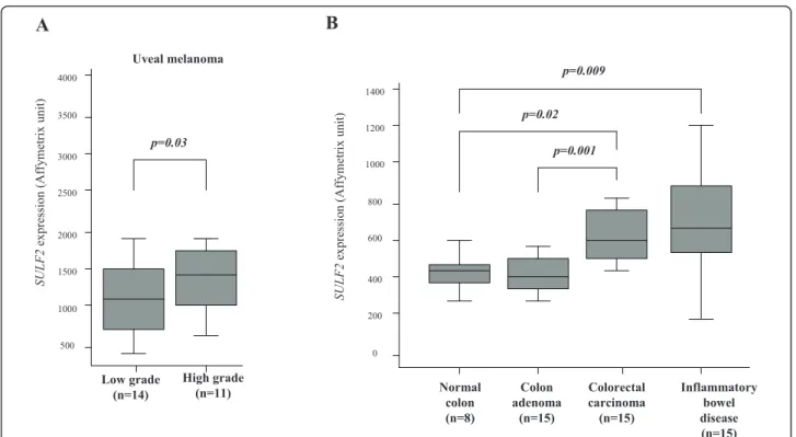Figure 3 Association between SULF2 expression and progression in various cancers. A. SULF2 gene expression in uveal melanoma [55]