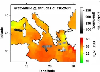 Fig. 4. Acetonitrile mixing ratios in the marine boundary layer, and the average sea surface temperature (SST) in August 2001 obtained from the NOAA/NASA Pathfinder Program (Smith et al., 2003).