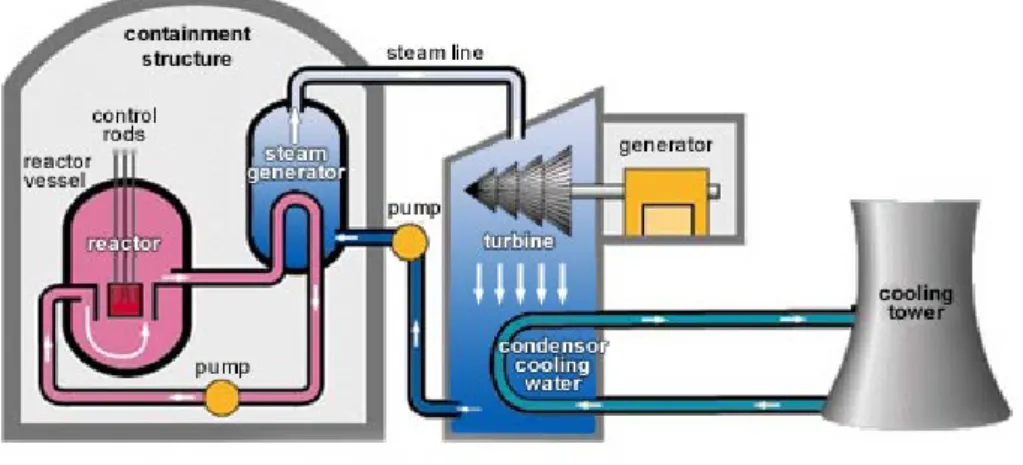 Figure 1: Schematic view of a nuclear power plant with a water pressurized reactor, the primary water loop is in pink and the secondary water loop in dark blue [1].