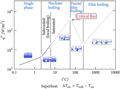 Figure 4: Typical pool boiling curve for water under atmospheric pressure called the Nukiyama curve [8], q 00 corresponds to the heat flux.