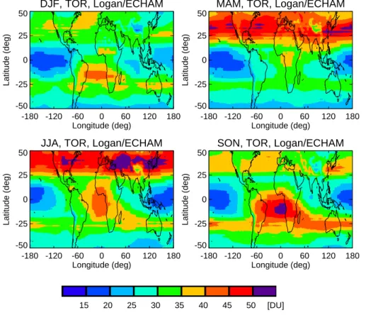 Fig. 1. Mean seasonal total tropospheric O 3 columns (Dobson Units: 1 DU = 2.69·10 16 molecules cm −2 ) using the Logan (1999) climatology and ECHAM tropopause height and surface elevation (DJF: December-January-February, MAM: March-April-May: JJA:  June-J