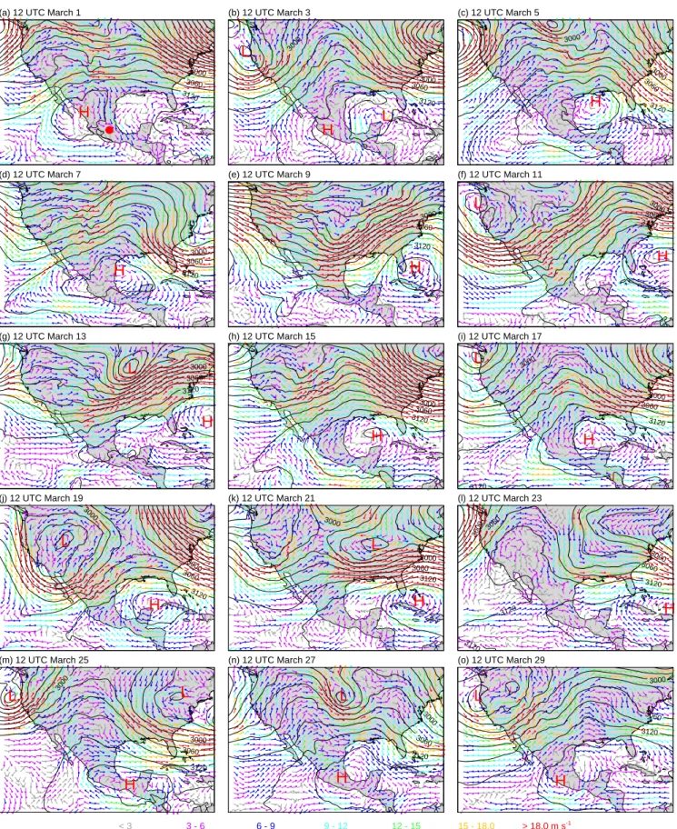 Fig. 3. Winds (arrows) and geopotential heights (contours) at 700 hPa at 12:00 UTC for every-other day during the field campaign period during March 2006