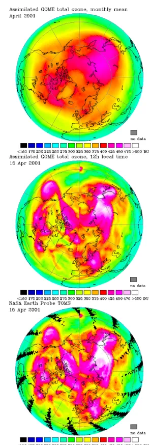 Fig. 1. Total ozone distribution in the Northern hemisphere in April 2001. Top: monthly mean
