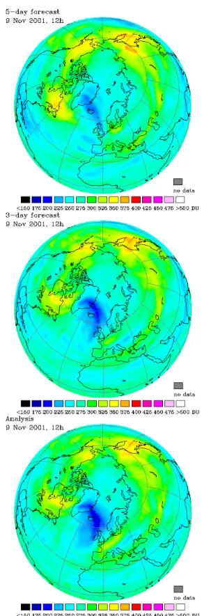 Fig. 5. The first large ozone hole of the winter 2001–2002, on 9 November 2001. Top: 5-day forecast