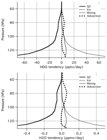 Figure 5.  Budget for HDO (top) and H 2 O (bottom) in the TTL for dD ice  from the –565‰ run, averaged over the model’s two regions