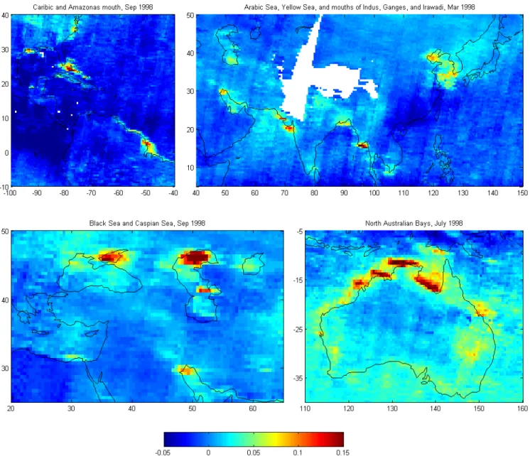 Fig. 8. The retrieved conifer spectral signatures (fitting coefficients for the logarithm of the conifer spectra) are also strongly influenced by the ocean colour