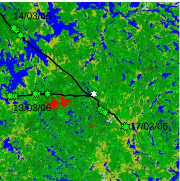 Fig. 1. A map of the land use around SMEAR II station. The lo- lo-cation of the station is indicated with a white star in the middle of the picture