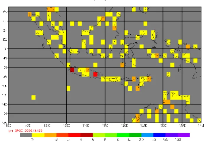 Fig. 1. The number of rain gauges per 1 degree grid cells of the GPCC data set, taken from GPCC webpage http://www.dwd.de/en/