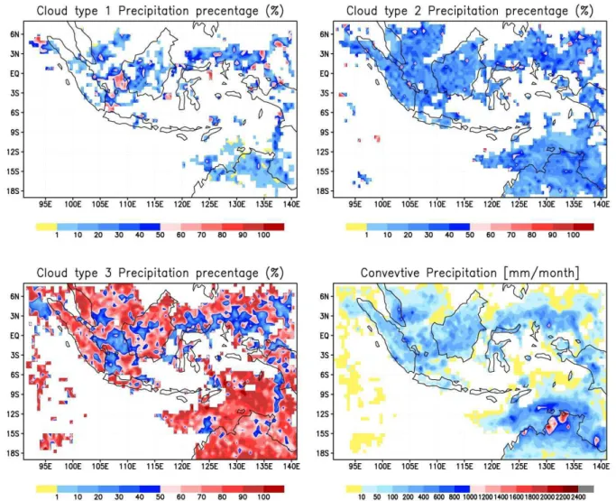 Fig. 5. The contribution of small (type 1), medium (type 2) and large (type 3) convective clouds to the total convective rainfall in December 1997 as simulated by REMO-CCFM.