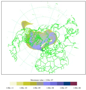 Fig. 7. NAME III derived five day air history map for parcels orig- orig-inating in or passing through the 0–30 km vertical region from a receptor of 100 km 2 horizontal area with a 10–30 km vertical extent centred on 51.46 ◦ N, 0.97 ◦ W (black cross)