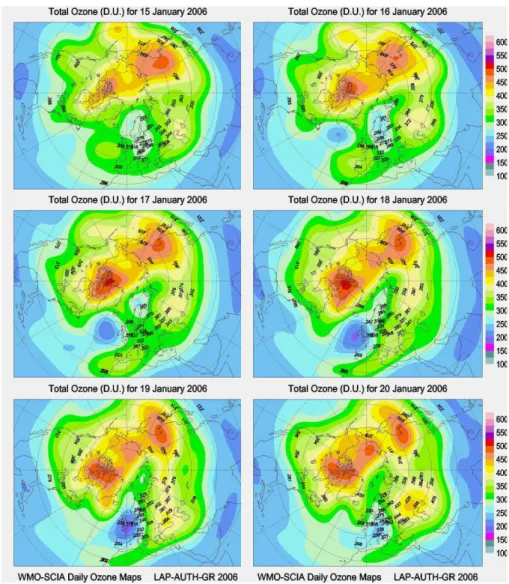 Fig. 2. Total ozone maps from the WMO Ozone Mapping Centre for 15–20 January 2006.