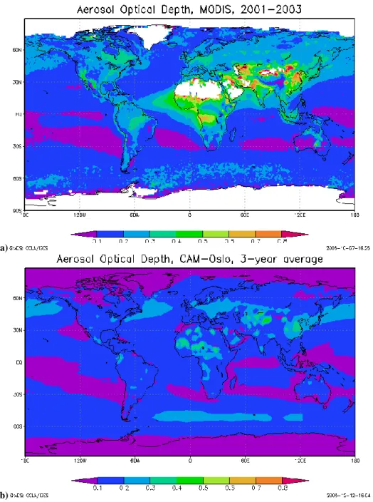 Fig. 10. Global maps of Aerosol Optical Depth from (a) MODIS and (b) CAM-Oslo.