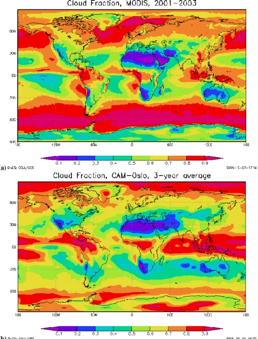 Fig. 11. Global maps of total cloud fraction from (a) MODIS and (b) CAM-Oslo.
