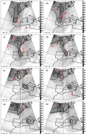 Fig. 3. Time evolution of θ [K] on the 2PVU surface, at (a) 1 Sept 06 UTC, (b) 1 Sept 18 UTC, (c) 2 Sept 06 UTC, (d) 2 Sept 18 UTC, (e) 3 Sept 06 UTC, (f) 3 Sept 18 UTC, (g) 4 Sept 06 UTC, (h) 4 Sept 18 UTC