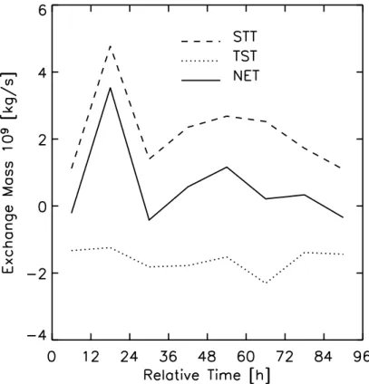 Fig. 6. Detailed hourly evolution of the mass exchange for the pe- pe-riod 12 UTC to 23U TC on 1 Sept within the zone of large STT  as-sociated with the streamer break-up (see Fig