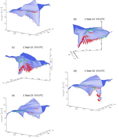 Fig. 7. Three-dimensional view of selected instants during the break-up phase on 1 September.
