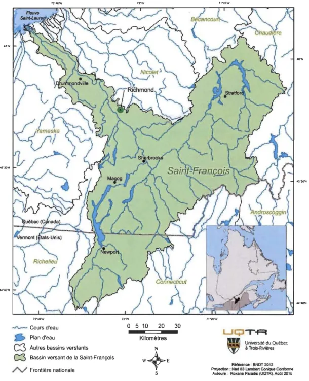 Figure 1.1  Localisation  du  site  d'étude  (point  en  vert)  le  long  de  la  rivière  Saint-François (Centre-Sud du Québec)