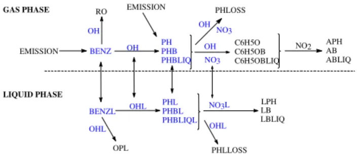 Figure  1:  Schematic  of  the  aromatic  chemistry  in  both  the  gas  and  liquid  phases