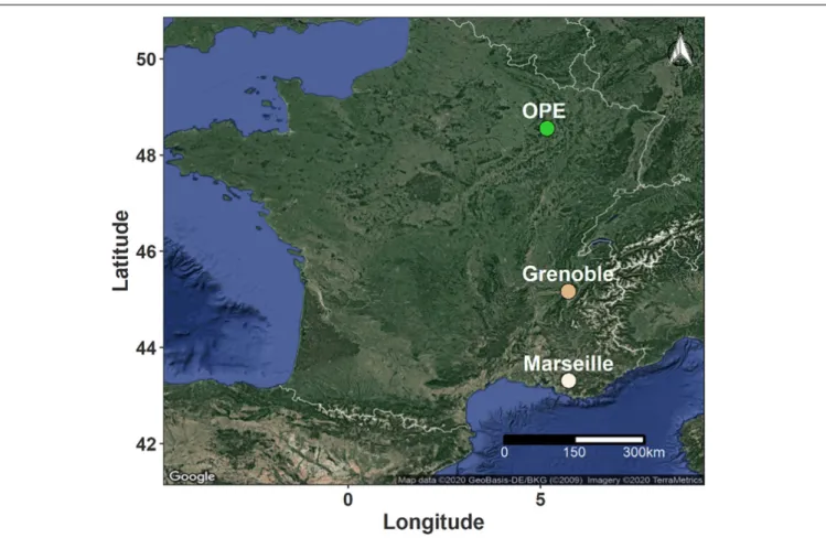 FIGURE 1 | Geographical location of the sampling sites in France. The green dot indicates a rural background site in an area of intensive agriculture, while the light and dark beige dots correspond to urban background sites in Mediterranean and Alpine envi