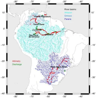 Figure 1 shows the TRIP routing scheme for the three major river basins in South America, as well as the localization of the 182 virtual stations where radar altimetry from ENVISAT satellite covering the 2002–2010 period are available (89 for the Amazon, 3