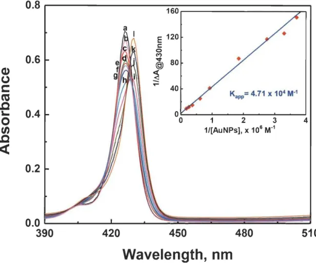 Fig. SA  Effect  of AuNPs  on  the  absorption  spectra  of MgTPP  solution  (1.3  !lM)  in  toluene : (a) 0, (b) 0.13 , (c) 0.19 , (d)  0.27, (e)  0.30, (t) 0.36, (g)  0.54, (h)  1.08,  (i)  1.62,  U)  2.70,  (k)  3.78  and  (1)  5.40  !lM