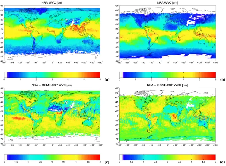 Fig. 6. Same as Fig. 5 but for WVC from NRA. The GOME retrieved cloud-mask has also been applied to NRA.
