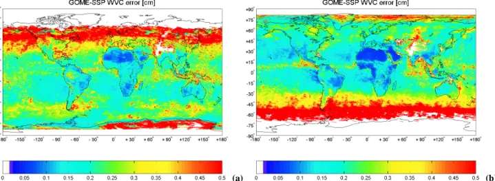 Figure 3 shows the global distribution of the monthly mean retrieval error for August and January 1996 to 1998 as  pro-vided by the distribution matrix of the individual retrievals and consisting of an estimate of the model-parameter error, the forward-mod